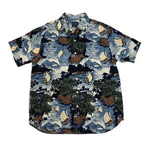 Caribbean Blues Shirt Mens L Large Blue Cotton Lyocell Blend Hawaiian Ocean Boat